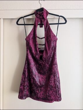 Magenta Snake-Print Halter Mini Dress with Beaded Back